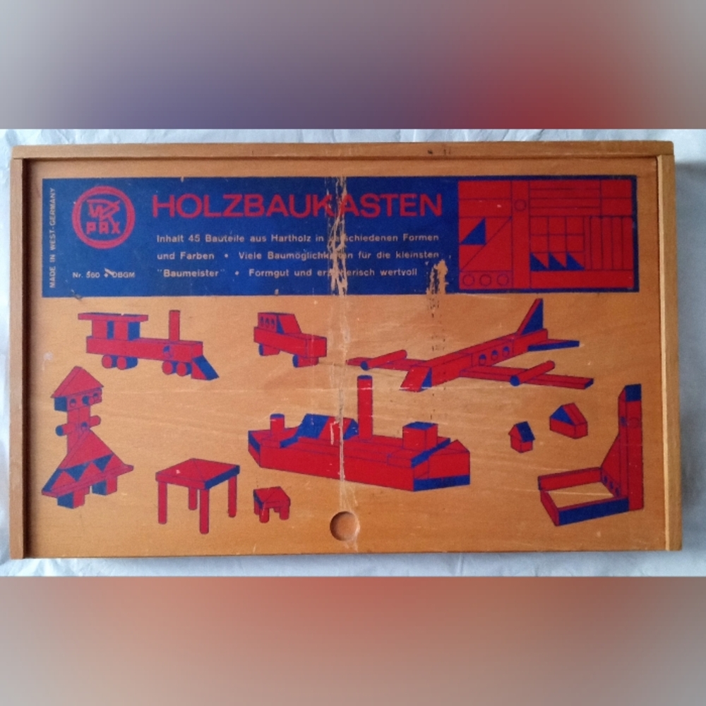 Vintage West German Wooden Holtzbaukaften Building Set - Natural, Red and Blue